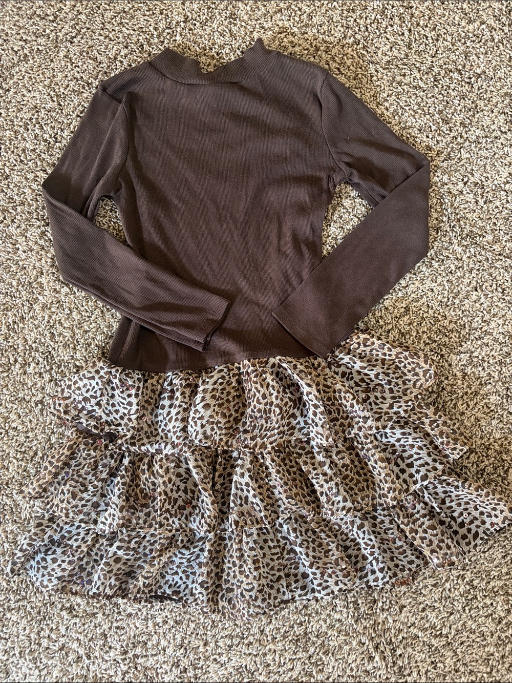 NWOT- Girls Brown Long-Sleeve Top with Leopard Ruffle Skirt
